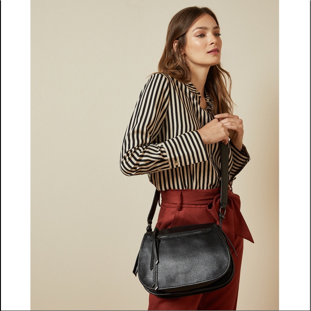Ted Baker HETHERR Zip Detail Curved Satchel / Black Leather Crossbody Purse